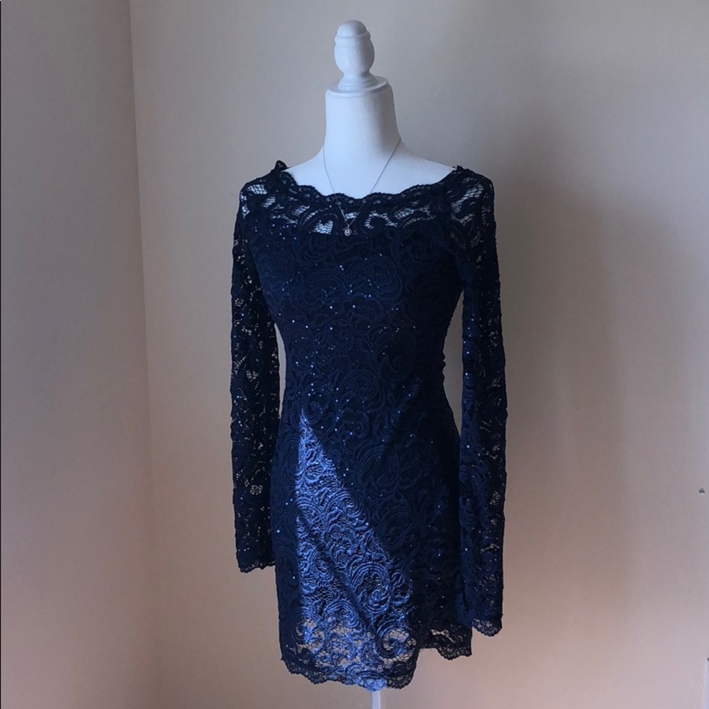 Above the knee dark blue sequin dress.